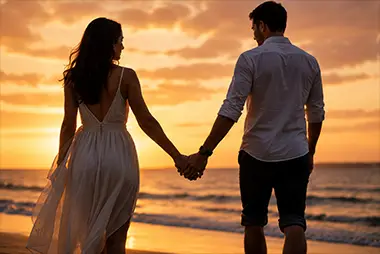 Couple walking hand in hand on a beach at sunset, representing getting started in the swinging lifestyle.