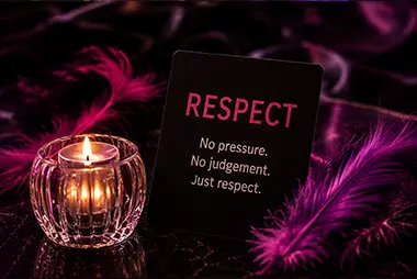 Respect card with candle and feathers representing etiquette, consent and respect within the lifestyle community.