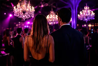 Couple arriving at a glamorous lifestyle event with elegant lighting and chandeliers.